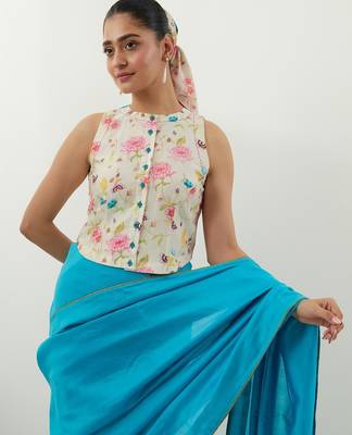 Aqua blue plain chanderi saree 3