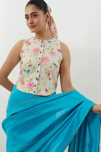 Aqua blue plain chanderi saree