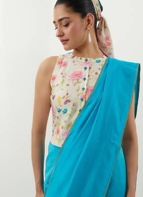 Aqua blue plain chanderi saree 4