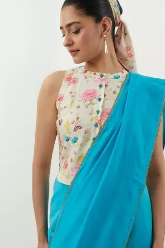 Aqua blue plain chanderi saree