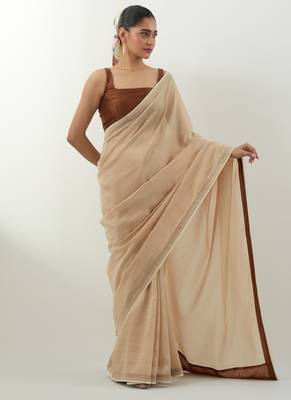 Beige plain chanderi saree 1