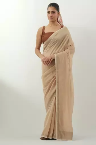 Beige plain chanderi saree