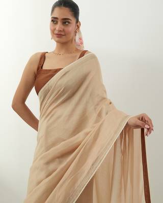 Beige plain chanderi saree 3