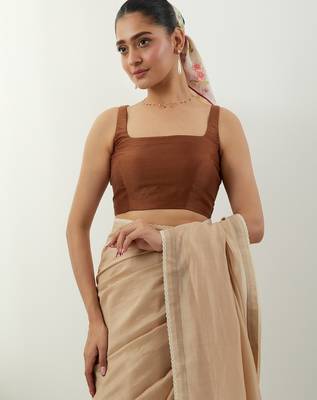 Beige plain chanderi saree 4