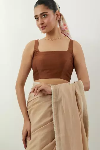 Beige plain chanderi saree