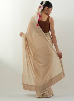 Beige plain chanderi saree 5