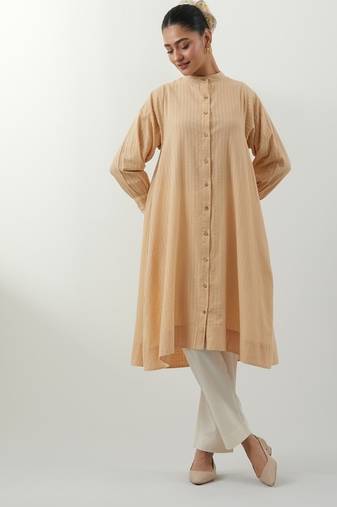 Beige hand woven cotton kurta set