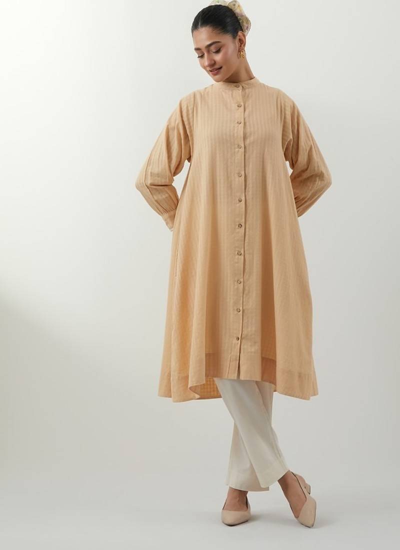 Beige hand woven cotton kurta set