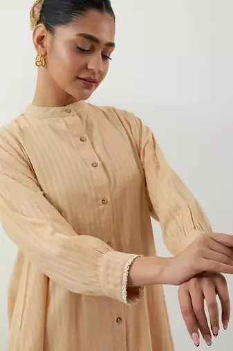 Beige hand woven cotton kurta set