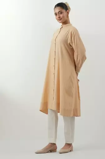 Beige hand woven cotton kurta set