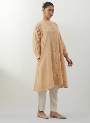 Beige hand woven cotton kurta set 4