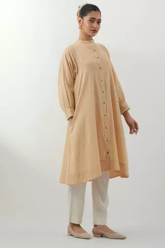 Beige hand woven cotton kurta set