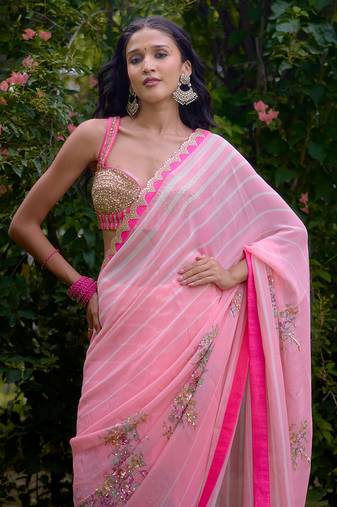 Baby pink embroidered georgette saree