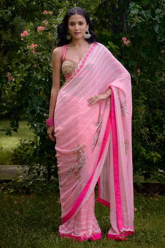 Baby pink embroidered georgette saree