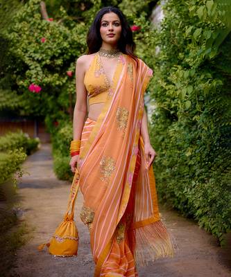 Orange printed georgette saree 1