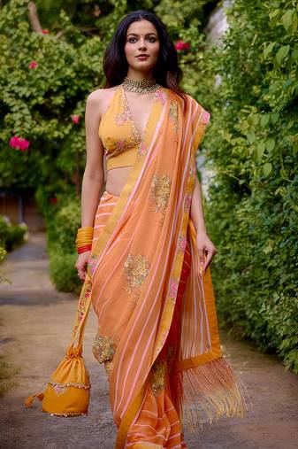 Orange printed georgette saree