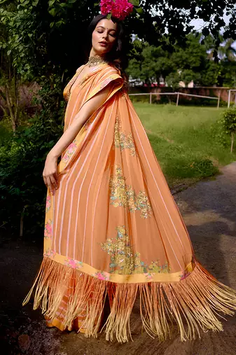 Orange printed georgette saree