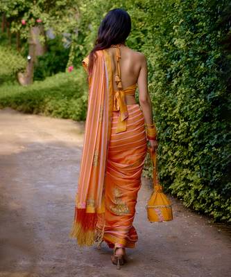 Orange printed georgette saree 3