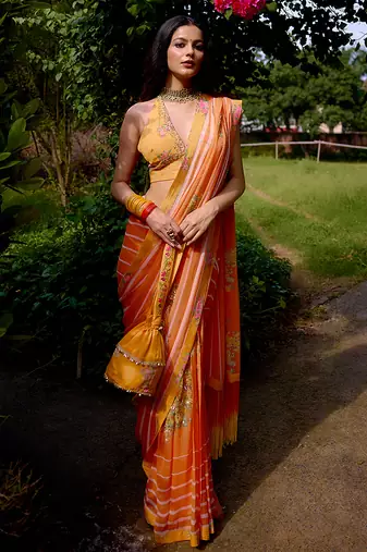 Orange printed georgette saree