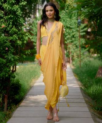 Yellow embroidered silk saree 1