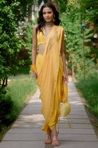 Yellow embroidered silk saree