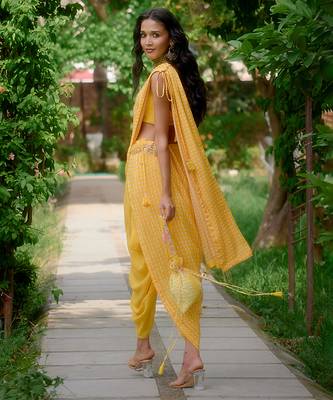 Yellow embroidered silk saree 2