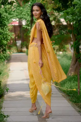 Yellow embroidered silk saree