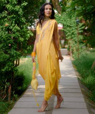 Yellow embroidered silk saree 3