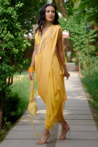 Yellow embroidered silk saree