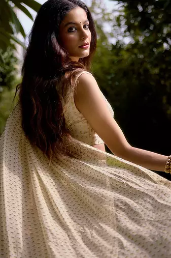 Cream embroidered georgette saree