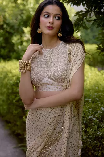 Cream embroidered georgette saree