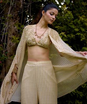 Cream printed silk cape set 1