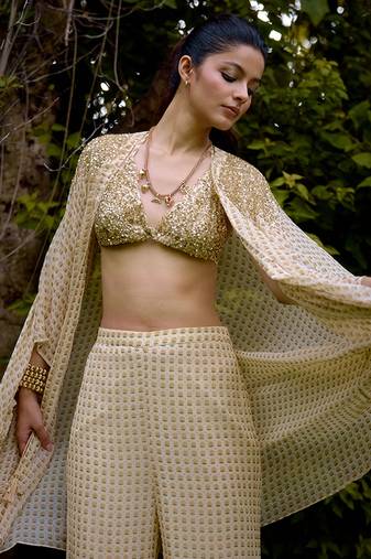 Cream printed silk cape set