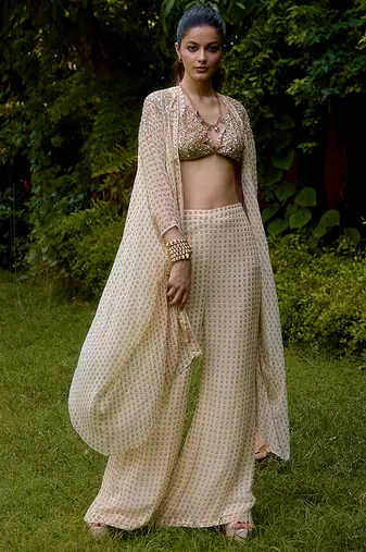 Cream printed silk cape set