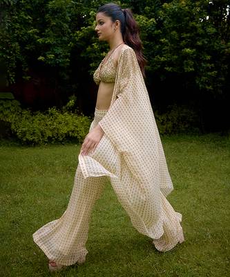 Cream printed silk cape set 3