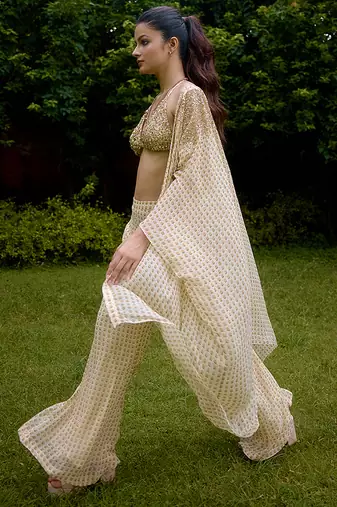 Cream printed silk cape set