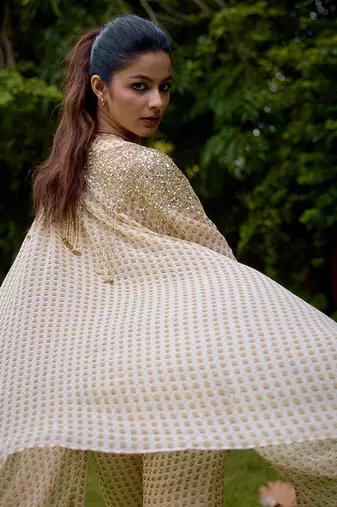 Cream printed silk cape set