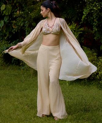 Cream printed silk cape set 5