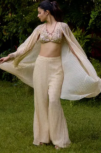 Cream printed silk cape set