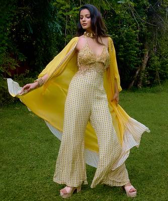 Cream printed silk jumpsuit 1