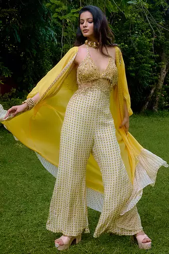 Cream printed silk jumpsuit