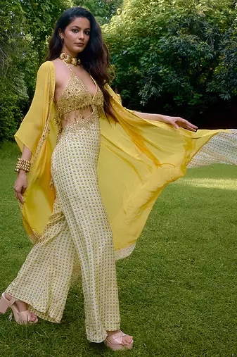 Cream printed silk jumpsuit