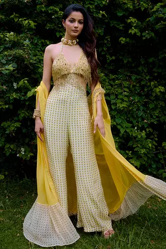 Cream printed silk jumpsuit