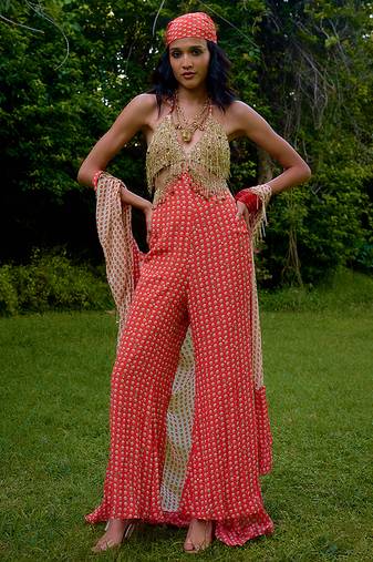 Coral printed silk jumpsuit
