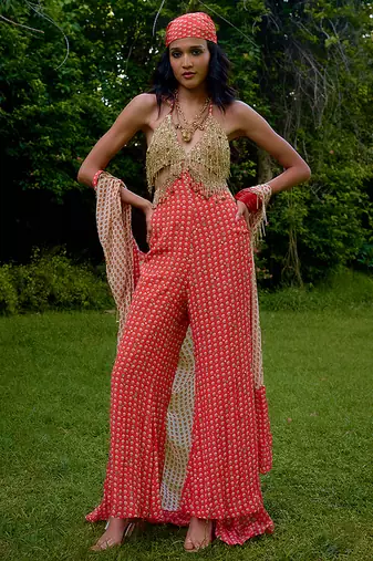 Coral printed silk jumpsuit