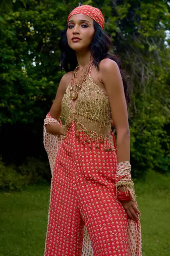 Coral printed silk jumpsuit