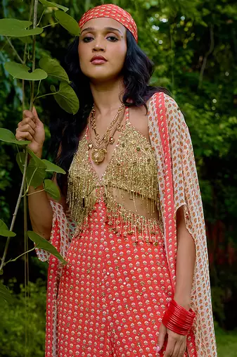 Coral printed silk jumpsuit