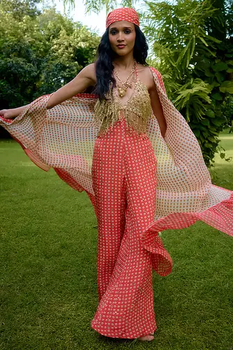 Coral printed silk jumpsuit