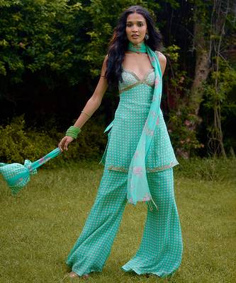 Aqua-blue printed silk kurta set 1