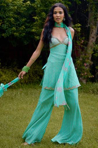 Aqua-blue printed silk kurta set